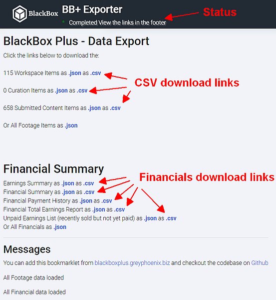 Example Data Export output after completing processing with annotations